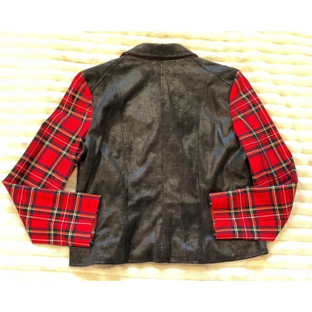 Nygard Womens Black Faux Suede Moto Jacket Red Plaid Sleeves Size L Mixed Media - Picture 6 of 9